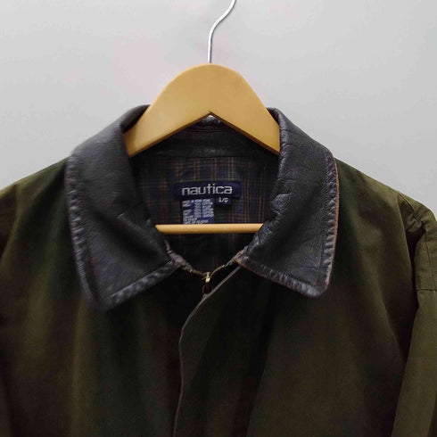 ノーティカ NAUTICA 90S 襟レザー 裏地チェック 比翼 コットン ジップアップ ジャケット メンズ import:L