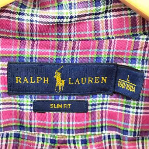 ラルフローレン RALPH LAUREN SLIM FIT ポ二ー刺繍 マドラス チェック L/S ボタンダウン シャツ メンズ import:L