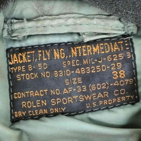 ユーエスエアーフォース U.S. AIR FORCE ROLEN SPORTSWEAR COMPANY 50s B-15D フライトジャケット メンズ US:38