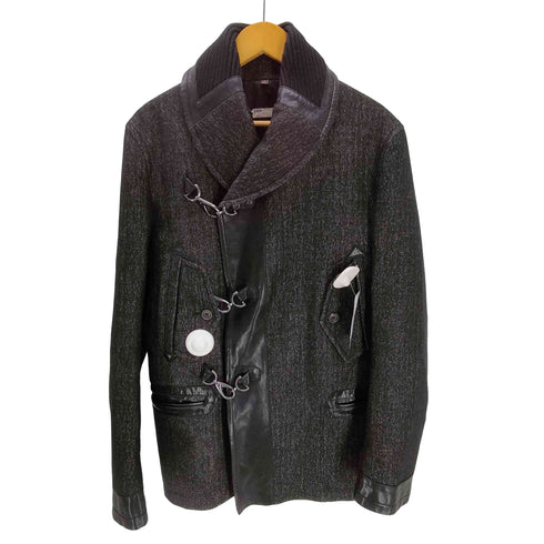 ジョンガリアーノ JOHN GALLIANO VIRGIN WOOL バージンウール ヘリンボーン レザーニット 切り替え フックデザイン ショールカラー ジャケット メンズ EUR:46