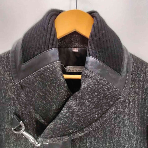 ジョンガリアーノ JOHN GALLIANO VIRGIN WOOL バージンウール ヘリンボーン レザーニット 切り替え フックデザイン ショールカラー ジャケット メンズ EUR:46