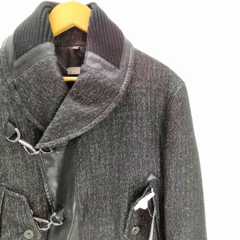 ジョンガリアーノ JOHN GALLIANO VIRGIN WOOL バージンウール ヘリンボーン レザーニット 切り替え フックデザイン ショールカラー ジャケット メンズ EUR:46