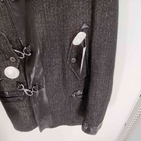ジョンガリアーノ JOHN GALLIANO VIRGIN WOOL バージンウール ヘリンボーン レザーニット 切り替え フックデザイン ショールカラー ジャケット メンズ EUR:46