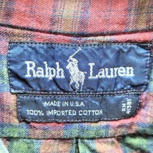 ラルフローレン RALPH LAUREN USA製 ロゴ刺繍 チェックボタンダウンシャツ メンズ