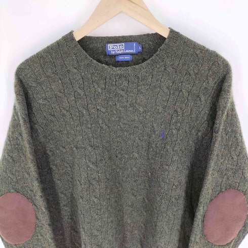 ポロバイラルフローレン Polo by RALPH LAUREN ポニー刺繍 ケーブル編み エルボーパッチ クルーネック プルオーバー ウール ニット セーター メンズ import:L