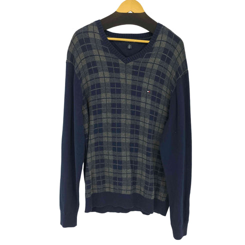 トミーヒルフィガー TOMMY HILFIGER Vネック チェック柄 長袖ニット メンズ XL