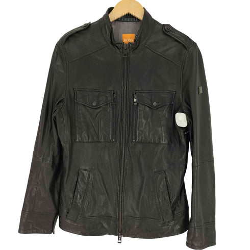 ボスヒューゴボス BOSS HUGO BOSS ラムレザー エポレット ロゴプレート フラップポケット ダブルジップ シングルライダース ジャケット メンズ DE:46