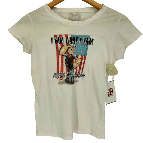 JUNR YOOD USA製 米国国旗 I YAM WHAT I YAM ラインストーン ダメージ加工 S/S クルーネック Tシャツ レディース import:S