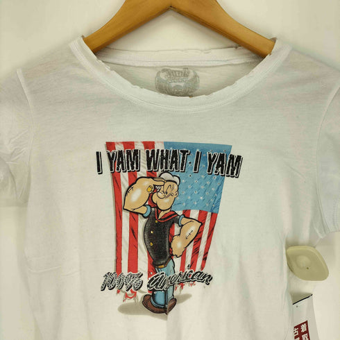 JUNR YOOD USA製 米国国旗 I YAM WHAT I YAM ラインストーン ダメージ加工 S/S クルーネック Tシャツ レディース import:S