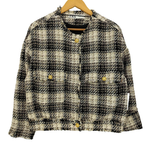 ザラ ZARA 金ボタン テクスチャーチェック ミックスツイードジャケット レディース import:S