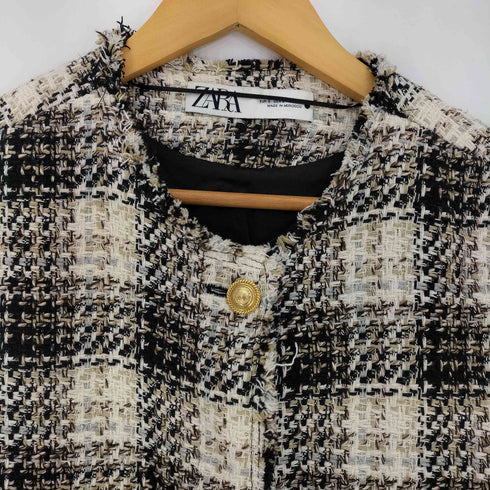 ザラ ZARA 金ボタン テクスチャーチェック ミックスツイードジャケット レディース import:S