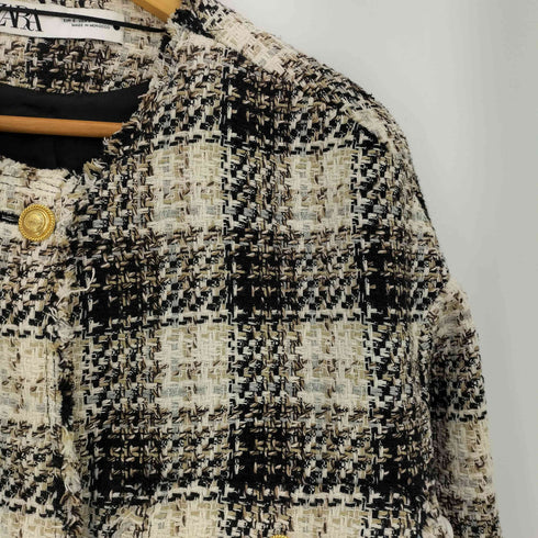ザラ ZARA 金ボタン テクスチャーチェック ミックスツイードジャケット レディース import:S