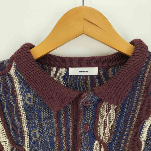 ペルーシュ Perushu ロゴ 刺繍 3D ニット L/S ポロシャツ メンズ JPN:M