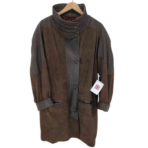 80-90S MADE IN FRANCE Lamb Leathe Ostrich フランス製 ユーロ ラムレザー オーストリッチ コンビ ロング コート レディース