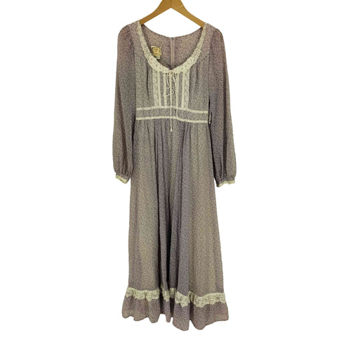 ガニーサックス GUNNE SAX 70-80S USA製 紙タグ ロケットTALON 花柄 レース ポリコットン ウエストベルト ロングワンピース ゴスロリ レディース 9