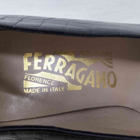 サルヴァトーレフェラガモ Salvatore Ferragamo スクエアトゥ クロコ 型押 ヒール パンプス レディース US:6