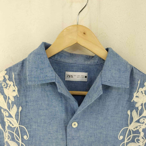 ザラ ZARA 刺繍入り オープンカラーリネン混コットンシャツ メンズ import:S