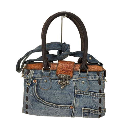 カービングレザー×デニムコンビハンドバッグ レディース