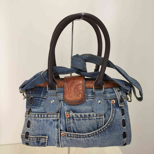 カービングレザー×デニムコンビハンドバッグ レディース