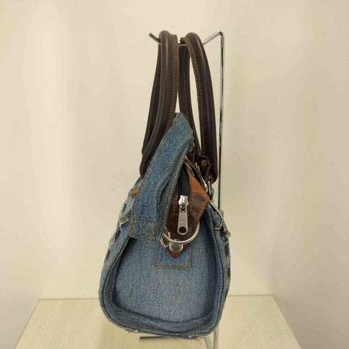 カービングレザー×デニムコンビハンドバッグ レディース