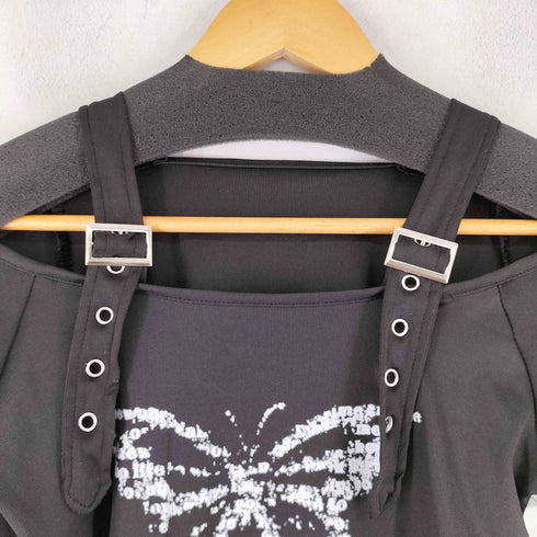 バタフライプリント S/S ベルトデザイントップス レディース