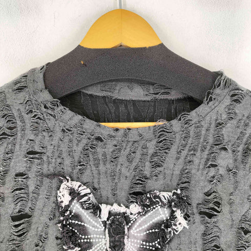 バタフライプリント S/S ダメージ加工トップス レディース