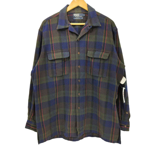 ポロバイラルフローレン Polo by RALPH LAUREN 90s USA製 オープンカラー 開襟 ウール チェックシャツ ボードシャツ メンズ import:L