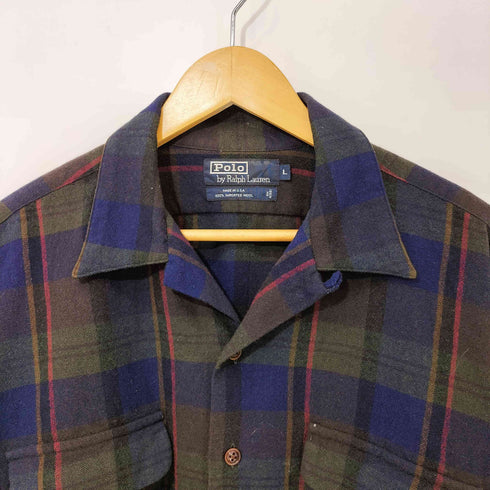 ポロバイラルフローレン Polo by RALPH LAUREN 90s USA製 オープンカラー 開襟 ウール チェックシャツ ボードシャツ メンズ import:L