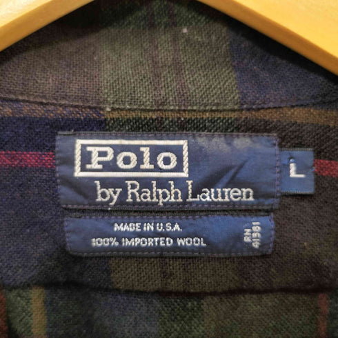 ポロバイラルフローレン Polo by RALPH LAUREN 90s USA製 オープンカラー 開襟 ウール チェックシャツ ボードシャツ メンズ import:L