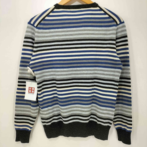 バーバリーブラックレーベル BURBERRY BLACK LABEL ボーダー柄 ロゴ刺繍 コットンウール混 ロングスリーブVネックニット メンズ JPN:2