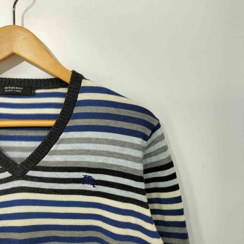 バーバリーブラックレーベル BURBERRY BLACK LABEL ボーダー柄 ロゴ刺繍 コットンウール混 ロングスリーブVネックニット メンズ JPN:2