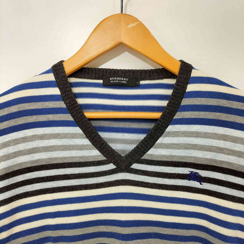 バーバリーブラックレーベル BURBERRY BLACK LABEL ボーダー柄 ロゴ刺繍 コットンウール混 ロングスリーブVネックニット メンズ JPN:2