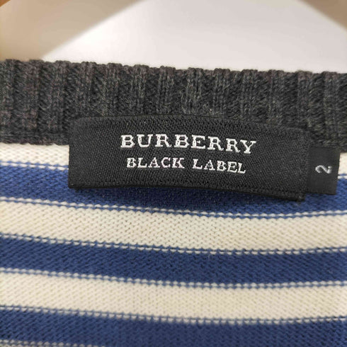 バーバリーブラックレーベル BURBERRY BLACK LABEL ボーダー柄 ロゴ刺繍 コットンウール混 ロングスリーブVネックニット メンズ JPN:2