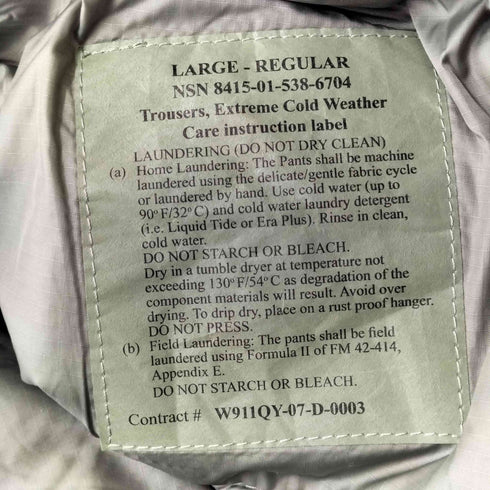 ユーエスアーミー U.S. ARMY 07年製 USA製 EXTREME COLD WEATHER GEN3 Primaloft Pants メンズ JPN:L