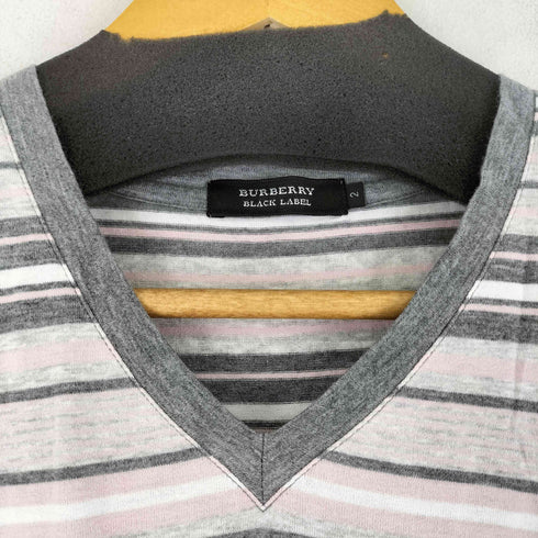 バーバリーブラックレーベル BURBERRY BLACK LABEL ワンポイントロゴ刺繍 VネックボーダーTシャツ レディース JPN:2