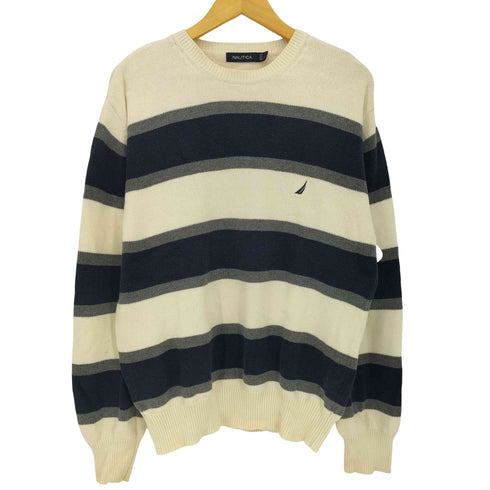 ノーティカ NAUTICA 00s ロゴ刺繍 マルチボーダー コットンニット メンズ import:L