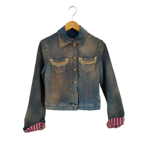 VOYAGE PASSION Y2K 短丈 ラインストーン レース デニムジャケット レディース US:8