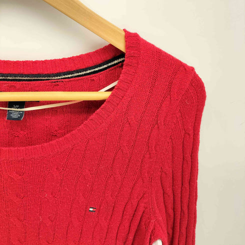トミーヒルフィガー TOMMY HILFIGER ロゴ 刺繍 ケーブル編み クルーネック ニット レディース import:S
