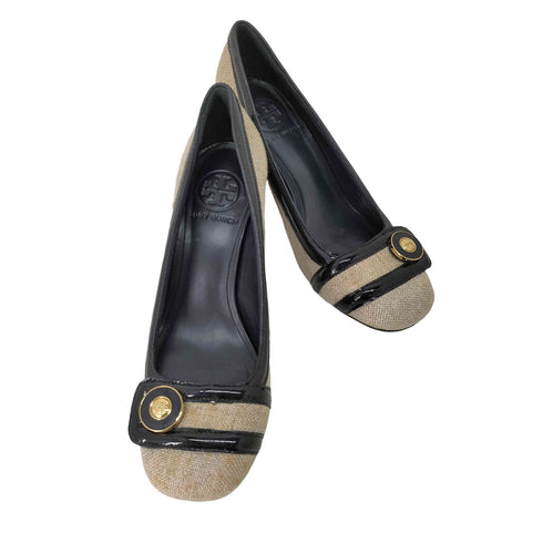 トリーバーチ TORY BURCH エナメル×リネン ヒール パンプス レディース US:6.5