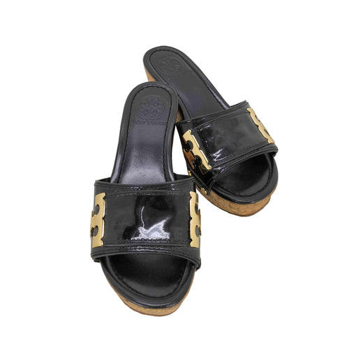 トリーバーチ TORY BURCH ブラックパテントレザーウェッジソールサンダル レディース 50