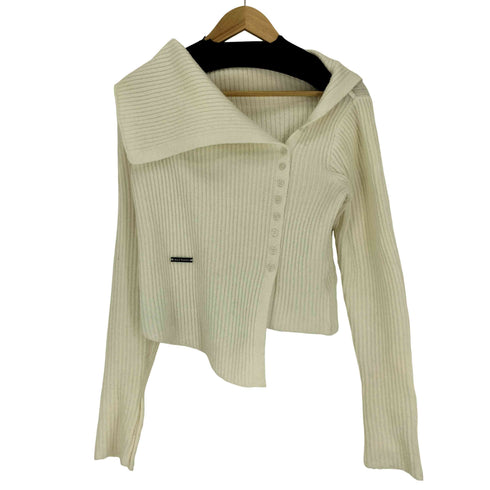 ROSE FRANTZ アシンメトリー ロゴ メタルプレート リブ編み 異素材 ニット カーディガン レディース ONE SIZE