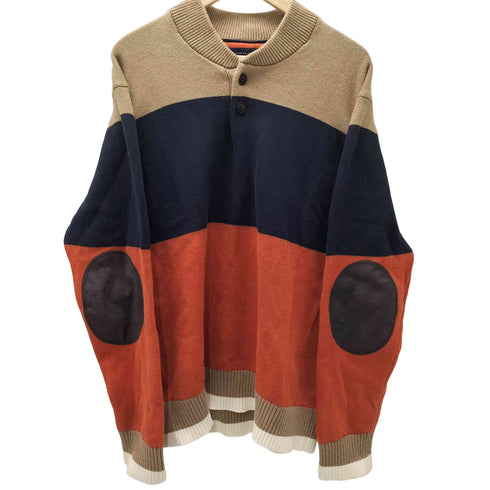 トミーヒルフィガー TOMMY HILFIGER ローゲージ ヘンリーネック ボーダー ラムウール ニット セーター 肉厚 エルボーパッチ メンズ import:XL
