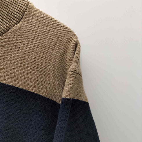 トミーヒルフィガー TOMMY HILFIGER ローゲージ ヘンリーネック ボーダー ラムウール ニット セーター 肉厚 エルボーパッチ メンズ import:XL