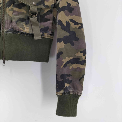 ロキシー ROXY ウッドランドカモ 迷彩柄 ファー ダブルジップ クロップド ミリタリー ジャケット ブルゾン 裏地 花柄総柄 Y2K レディース JPN:M