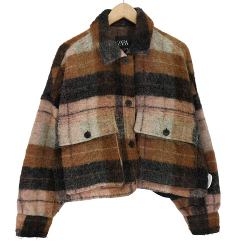ザラ ZARA クロップド丈チェック柄シャツジャケット オーバーサイズジャケット レディース import:S