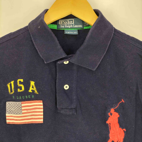 ポロバイラルフローレン Polo by RALPH LAUREN CUSTOM FIT ビッグポニー 刺繍ロゴ 星条旗 ポロシャツ メンズ import:M
