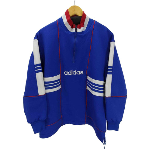 アディダス adidas 90S デサント製 ロゴ刺繍 3ストライプ ハーフジップ プルオーバー カットソー 裾ドローコード メンズ M-L