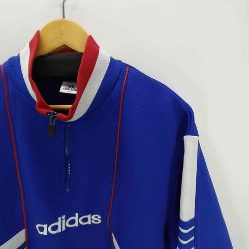 アディダス adidas 90S デサント製 ロゴ刺繍 3ストライプ ハーフジップ プルオーバー カットソー 裾ドローコード メンズ M-L