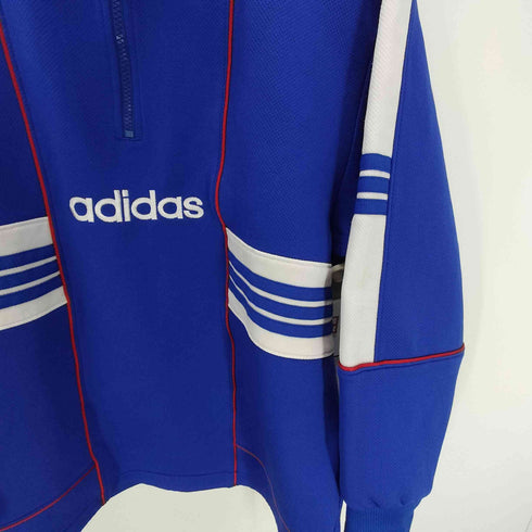 アディダス adidas 90S デサント製 ロゴ刺繍 3ストライプ ハーフジップ プルオーバー カットソー 裾ドローコード メンズ M-L