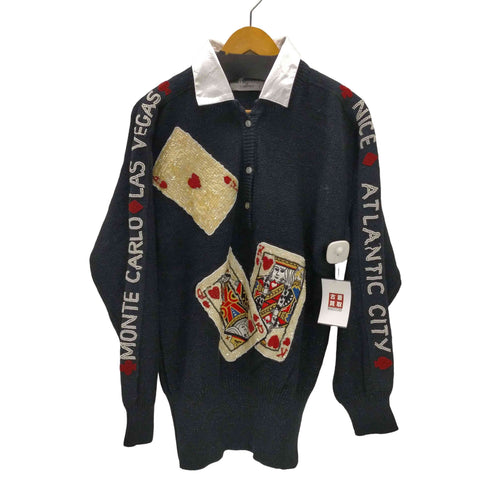 BONNIE BOERER 90-00S トランプ 刺繍 スパンコール 装飾 レミー コットン ローゲージ ラメ ポロ ニット セーター レディース import:M